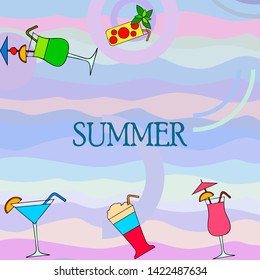 Summer card with cocktails. Beach holiday. Vector background.