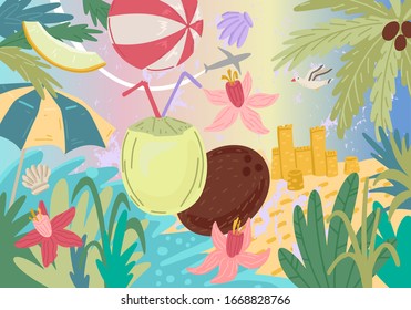 Sommerkarte mit Cocktail und Strandschloss. Sicht auf das blaue Meer. Tropische Blätter und Palmen auf dem Hintergrund. Sommerzeit. Design für Grußkarte, Banner oder Poster. Vektorillustration. Reisen