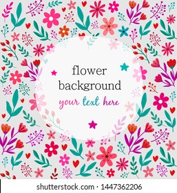 Summer card with colorful flowers and leaves