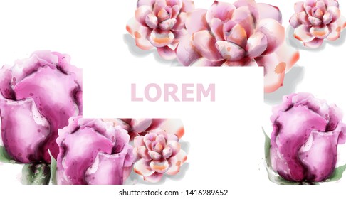 Summer card with colorful flowers Vector watercolor. Roses and succulents floral decor