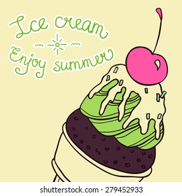 Summer card with colorful ice cream cone, doodle style, vector