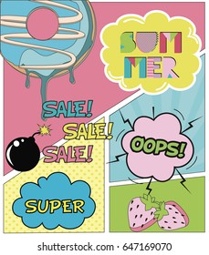 Summer card with comic speech bubbles in pop art style. Vector illustration