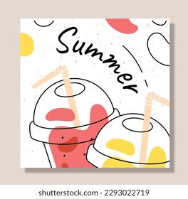 Summer card concept. Red and yellow drinks in plastic cups. Tropical and exotic countries. Invitation or greeting postcard. Holiday and vacation. Cartoon flat vector illustration