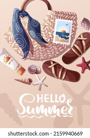 Summer card or cover with Rattan bag, sunscreen, sandals and seashells. Beach vibes lettering. Beach Holidays, Summer vacation, Leisure, Recreation concept. A4 Vector Illustration.