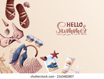 Summer card or cover with Rattan bag, sunscreen and sunglasses, sandals, swimsuit. Beach Holidays, Summer vacation, Leisure, Recreation concept. A4 Vector Illustration.