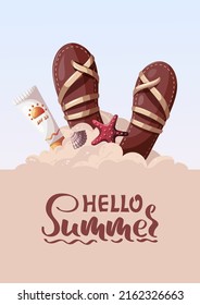 Summer card or cover with sunscreen, sandals and seashells. Hello summer lettering. Beach Holidays, Summer vacation, Leisure, Recreation concept. A4 Vector Illustration.