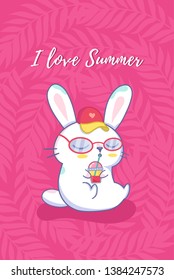 Summer card with cute bunny on  and summer elements on a pink background with phrase i love summer