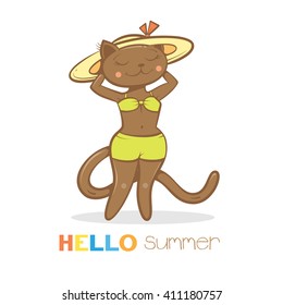 Summer card with cute cartoon cat in bikini  and straw. Kitten  basking in the sun. Vector image.