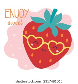 summer card with cute cartoon funny strawberry character and lettering enjoy sweet, cute fruit with smile face in glasses, flat style