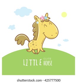 Summer card with cute cartoon  horse in wreath of flowers. Funny animal. Children's illustration. Vector image.