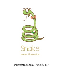 Summer card with cute cartoon  snake  in  glasses.  Vector image. Children's illustration.