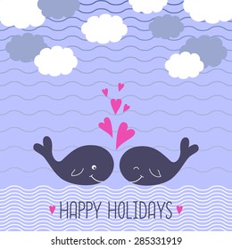 Summer card with cute cartoon whales in love. Happy Holidays vector illustration. Baby shower design. Summertime concept card. Travel concept background. Bright childish card in vector. 