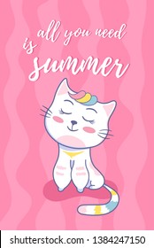 Summer card with cute cat on  and summer elements on a pink background with phrase all you need is summer