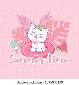Summer card with cute cat on  and summer elements on a pink background with phrase  summer time