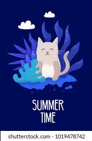 Summer card with cute cat and tropical plants on blue background. Vector banner.