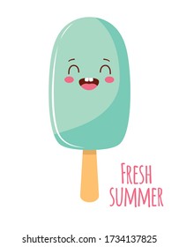 summer card with cute colored ice cream and lettering isolated on white background, vector illustration