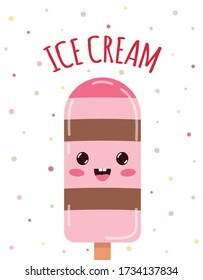 tarjeta de verano con helado de color lindo y letras aisladas en fondo blanco, ilustración vectorial