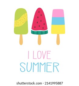 summer card with cute colored ice cream and lettering isolated on white background, vector illustration