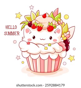 Summer card with cute dessert in kawaii style. Little cat and cupcake with whipped cream and strawberry. Inscription Hello summer. Can be used for t-shirt print, sticker, greeting card. Vector EPS8