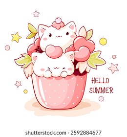 Summer card with cute dessert in kawaii style. Two little cats and cupcake with whipped cream and cherry. Inscription Hello summer. Can be used for t-shirt print, sticker, greeting card. Vector EPS8