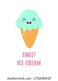 summer card with cute ice cream and lettering isolated on white background, vector illustration