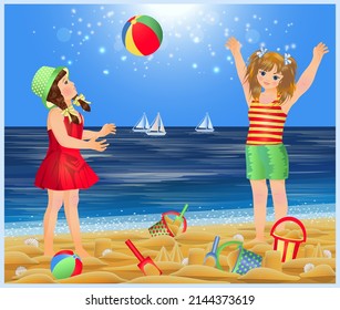 Summer card. Cute little girls playing ball on the beach. vector illustration