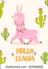Summer card with cute llama and cactus. Vector illustration.