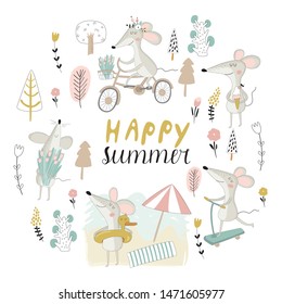 Summer card with cute mice in cartoon style