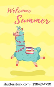 Summer card with cute unicorn and summer elements on a pink background