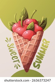 Summer card design with cherries in a waffle cone. "Sweet Summer" Handwritten lettering. Vector illustration for card, postcard, poster, banner.