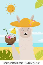 Summer card design with cute llama wearing a hat and coconut cocktail on the beach. Vector illustration