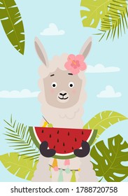 Summer card design with cute llama and watermelon on a beach. Vector illustration