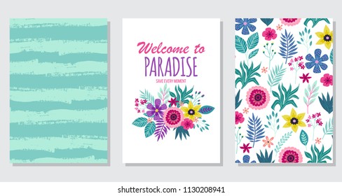 Summer card design. Exotic tropic palm leaves and flowers. Invitation, poster, cover template.