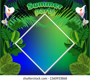  Summer card design.  Exotic tropic palm leaves and flowers. Invitation, poster, cover template.