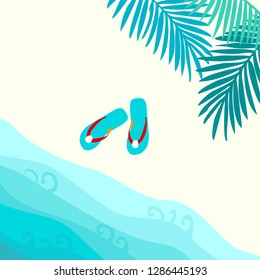 Summer card design with  flip flop and tropical leaves on the  sandy beach