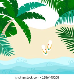 Summer card design with , flip flop and tropical leaves on the  sandy beach