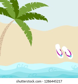 Summer card design with  flip flop and tropical tree on the  sandy beach