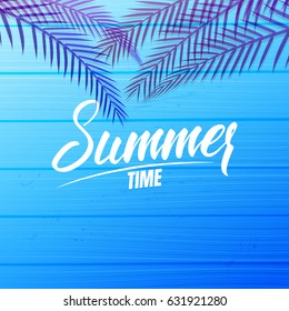 Summer card design layout. Banner with Summer calligraphy, palm leaves and blue wooden background