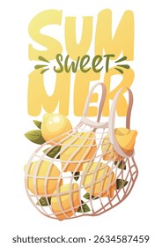 Summer card design with lemons in a reusable net bag. "Sweet Summer" Handwritten lettering. Vector illustration for card, postcard, poster, banner.