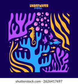 Design de cartão de verão com formas orgânicas abstratas oceânicas. Vetor plano de fundo plano com plantas subaquáticas oceano bonito. Algas, algas e corais em estilo ingênuo. Vetor plano fundo colorido infantil
