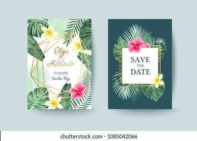 Summer card design. Save the date. Exotic tropic palm leaves and flowers. Invitation, poster, cover template.