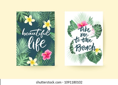 Summer card design. Save the date. Exotic tropic palm leaves and flowers. Invitation, poster, cover template.
