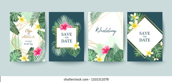 	
Summer card design. Save the date. Exotic tropic palm leaves and flowers. Invitation, poster, cover template. Geometric and floral frame.