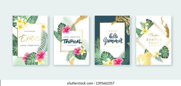 Diseño de tarjetas de verano. Guarde la fecha. Flores y hojas de palmera tropicales exóticas. Plantilla de invitación, afiche, portada. Marco geométrico y floral.