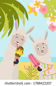 Summer card design with two cute llamas eating ice cream on a beach. Vector illustration