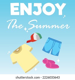 Diseño de tarjetas de verano para publicidad de vacaciones y venta de tiendas con ropa de moda, ilustración plana vectorial. Cartel de venta de verano y afiche de descuento de temporada.