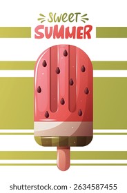 	
Design de cartão de verão com picolé de melancia. "Sweet Summer" Carta manuscrita. Ilustração vetorial para cartão, postal, cartaz, banner.