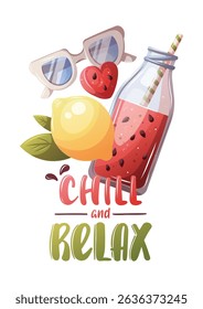 Summer card design with watermelon smoothie, sunglasses, lemon. "Chill and Relax" Handwritten lettering. Vector illustration for card, postcard, poster, banner.