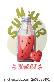 Summer card design with watermelon smoothie in a bottle. Handwritten lettering. Vector illustration for card, postcard, poster, banner.	