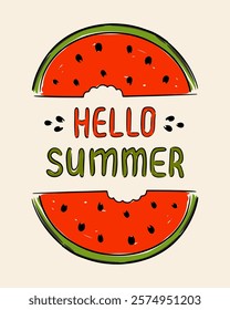 Summer card featuring a hand drawn watermelon with the words hello summer for design